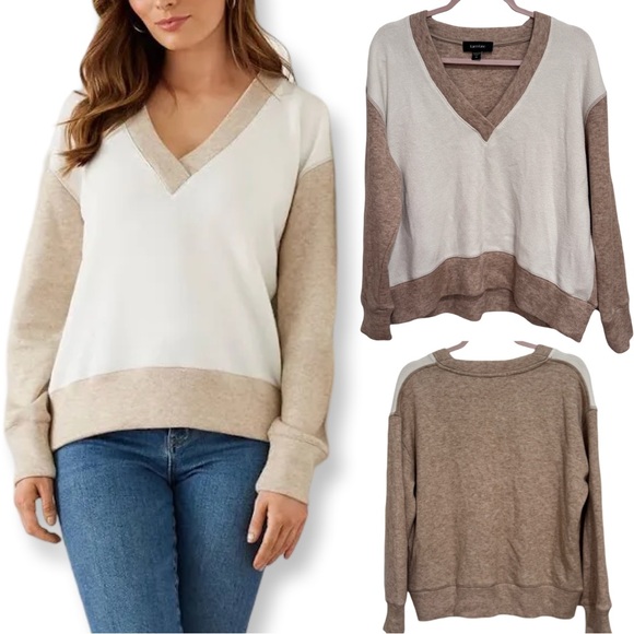 Karen Kane Sweaters - KAREN KANE V NECK SWEATER COLORBLOCK NEUTRALS LONG SLEEVE WARM COZY BUTTERY SOFT